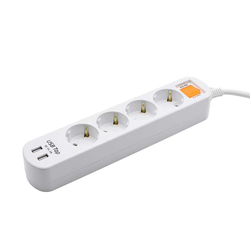 Presa standard EU Economia 4 punti vendita con 2 porte USB e 1 interruttore di protezione da sovraccarico Presa standard EU Economia 4 punti vendita con 2 porte USB e 1 interruttore di protezione da sovraccarico